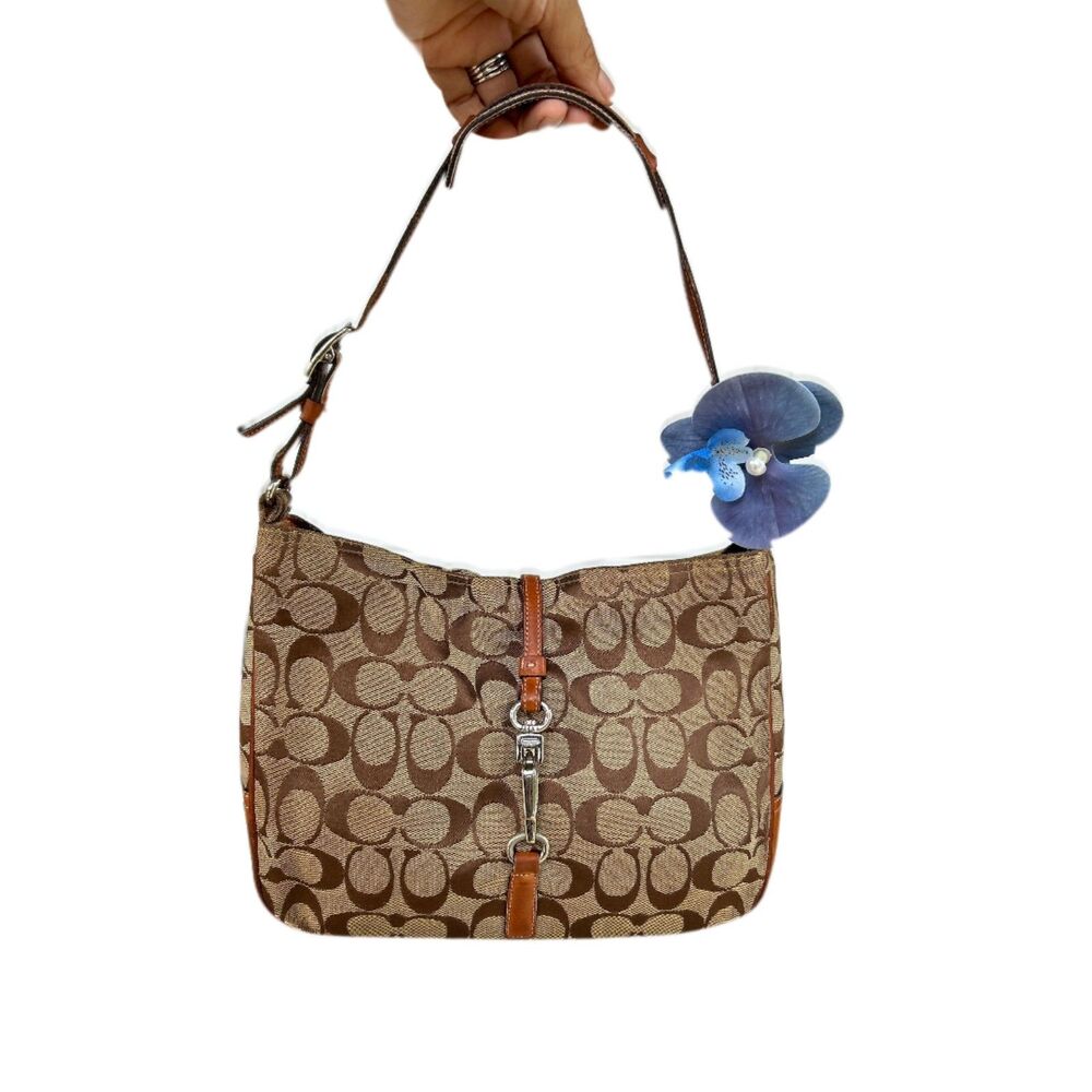 Vintage Coach 6091 Hampton Signature Clip Hobo Shoulder Bag Monogram Canvas Tan